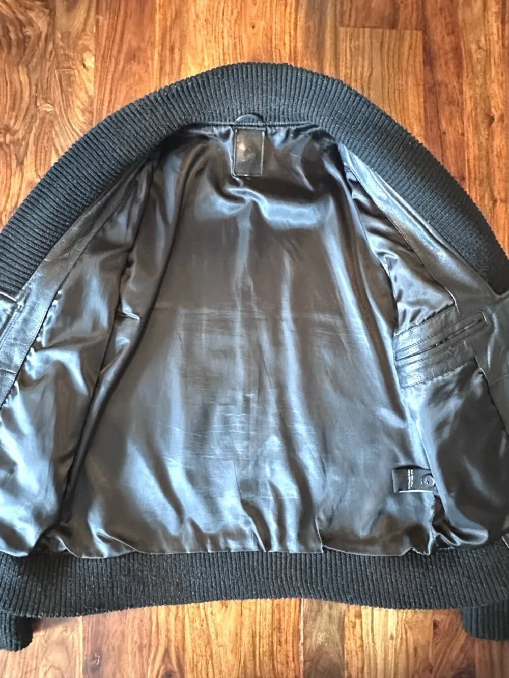 Vintage Public School, Black Leather Bomber w/ Knit Collar, Men Size L